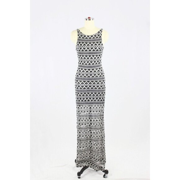 Vintage 90's Q.WOMANS Black White Heart Lace Knit Bodycon Maxi Dress, Size M - Picture 1 of 16